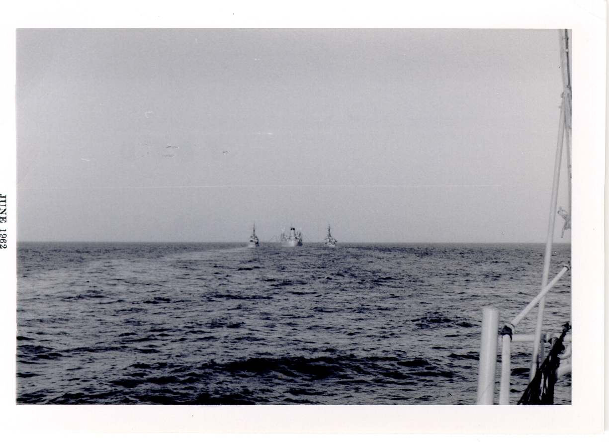 Refueling at sea. Much like fighter planes, it's done underway. I was usually at the helm. This is pretty nerve wracking because there are 2 huge fuel lines between the tanker and us and the pressure between the ships wants to push them apart.