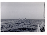 Refueling at sea. Much like fighter planes, it's done underway. I was usually at the helm. This is pretty nerve wracking because there are 2 huge fuel lines between the tanker and us and the pressure between the ships wants to push them apart.  Refueling at sea. Waiting our turn.